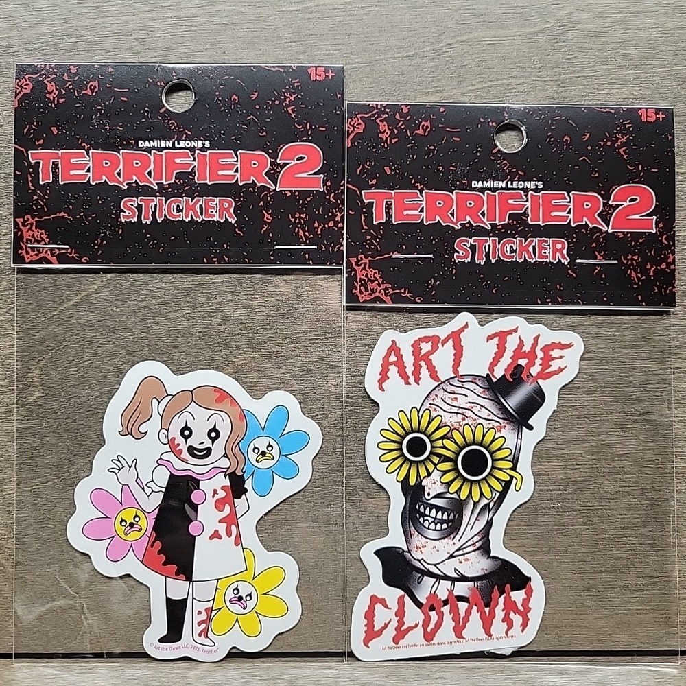 Lot of 2 Terrifier II Stickers - Art The Clown Flower Glasses Pale Girl Waving